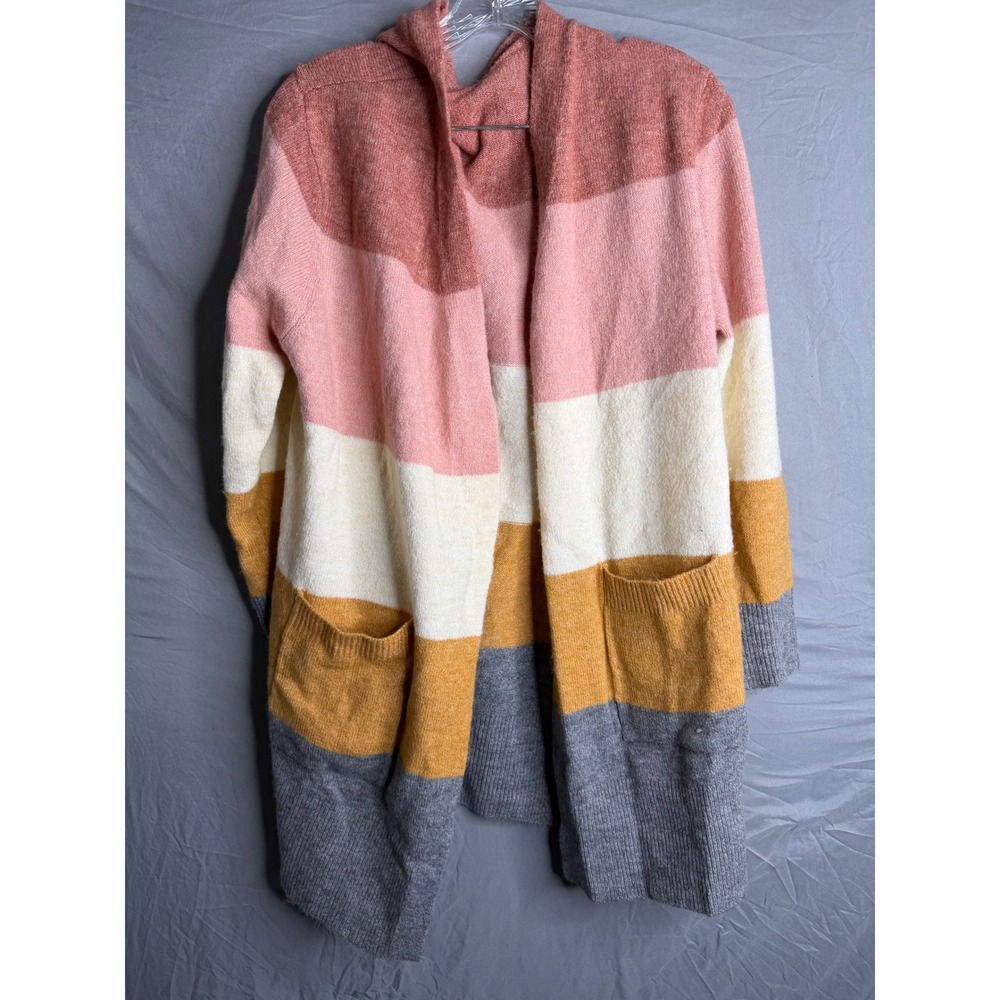 Modern Canvas Striped Hooded Cardigan XXL Open Front Pocket Sweater Multi-Color